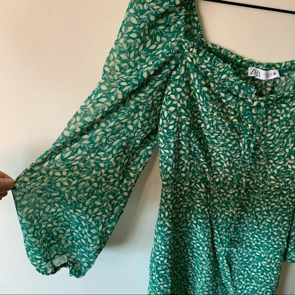 Zara Floral Green Midi Split Hem Dress Garden Plant Women's Medium - Picture 8 of 10
